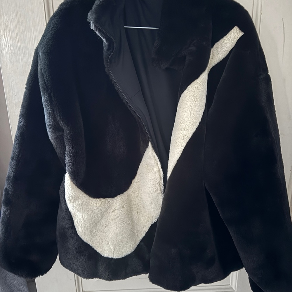 Women's Black and White Nike Faux Fur Jacket